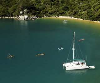 new zealand abel tasman catamaran moored in bay istk