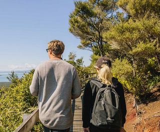 rangitoto volcanic island tour couple walking up broadwalk to volcano top