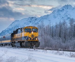 alaska railroad through winter landscape