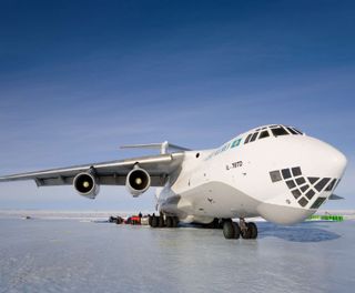 antarctica union glacier ilyushin jet aircraft on blue ice runway ani