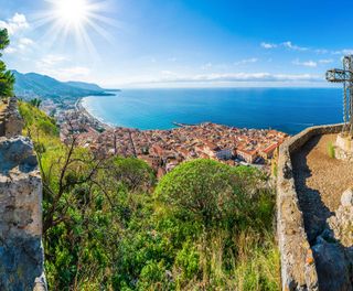 italy view over cefalu and mediterranean sicily astk