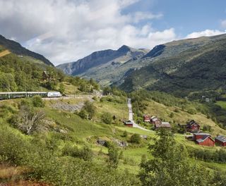 norway flamsbana train passing flam village istk