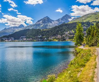 switzerland walking along lake moritz near st moritz astk