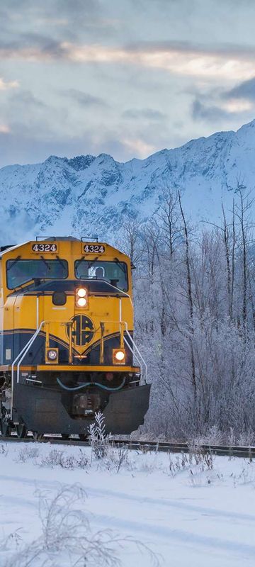 alaska railroad through winter landscape