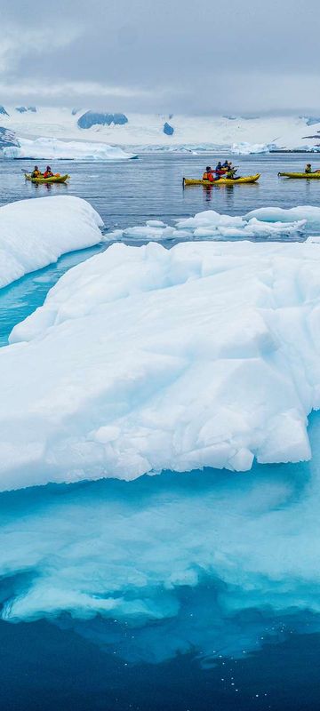 antarctica kayaking past blue icebergs qe