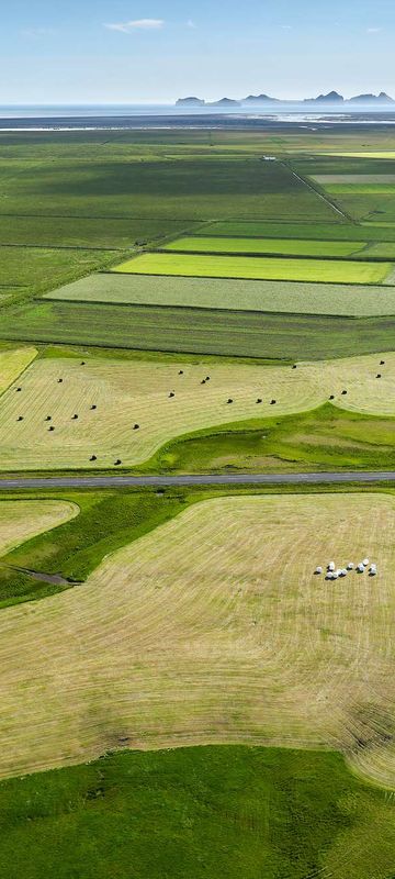 iceland aerial view of road1 through farmland south coast rth