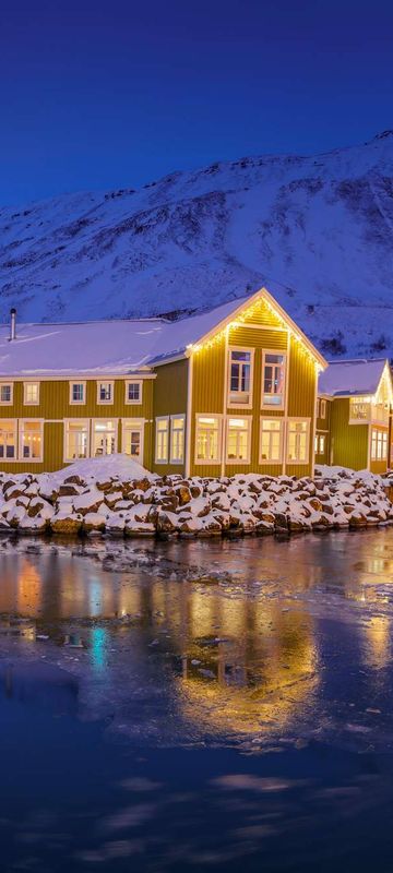 north iceland siglufjordur siglo hotel exterior at night rth