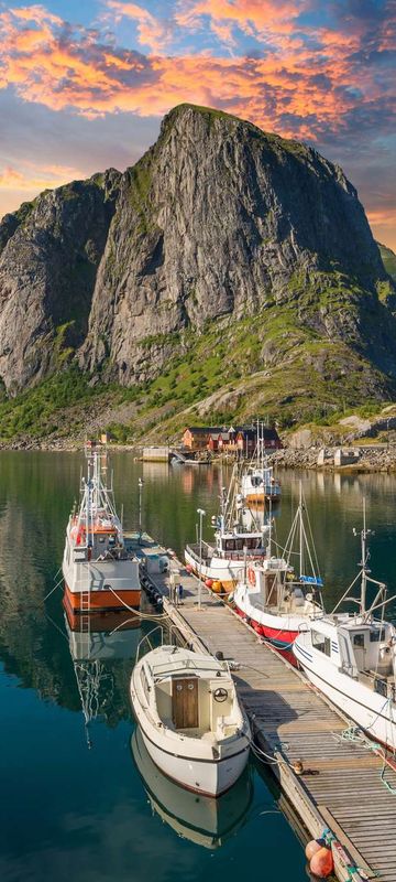 norway lofoten reine boats moored at jetty istk