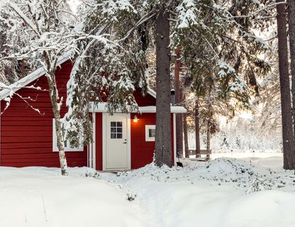 swedish lapland loggers lodge exterior trees ll
