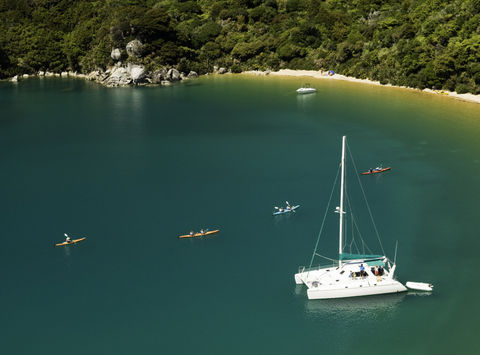 new zealand abel tasman catamaran moored in bay istk