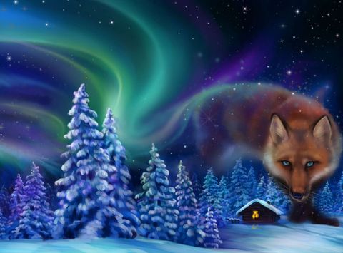illustration of northern lights legend depicting Finnish fire fox myth