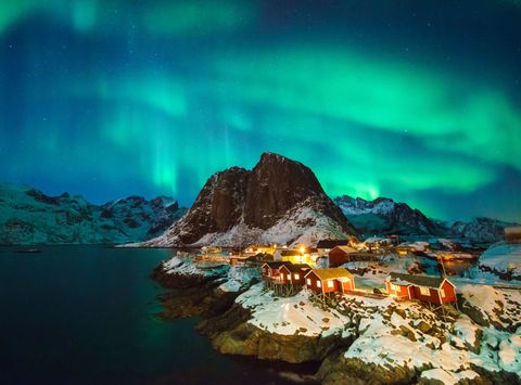 norway lofoten islands reine aurora over mountains istk