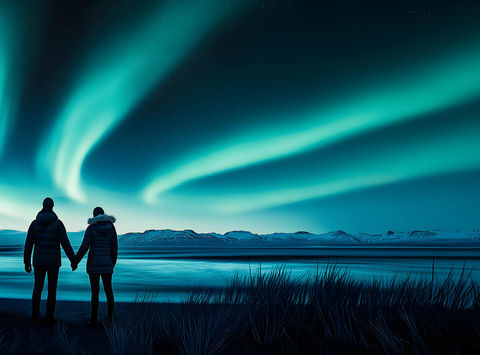 Watching the aurora borealis near Black Sand Hotel, Iceland