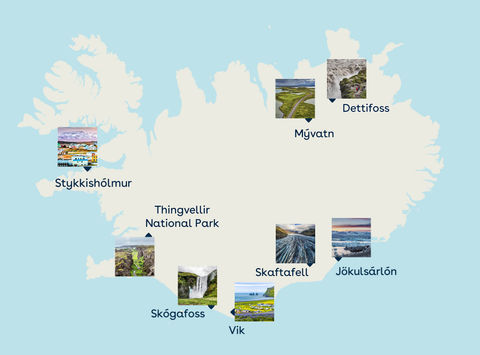 Map of Iceland showing top filming locations