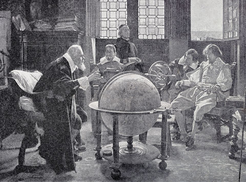 Black and white illustration of scientists John Milton and Galileo meeting in 1638 created in 1899