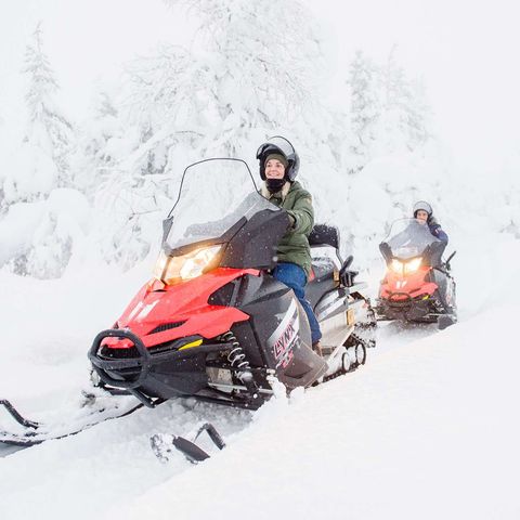 finnish lapland snowmobiling through snowy forest vf