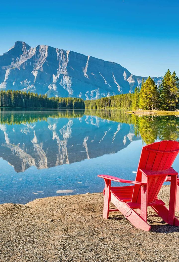 canada adirondak chairs overlooking mt rundle banff national park istk