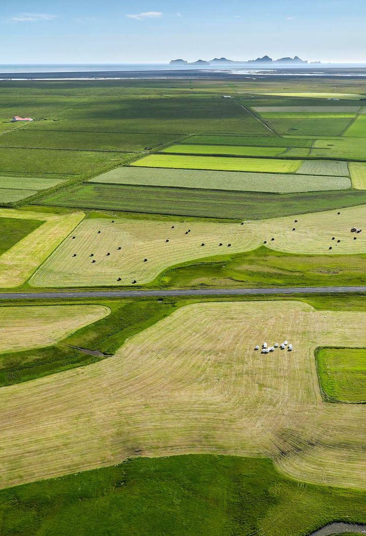 iceland aerial view of road1 through farmland south coast rth