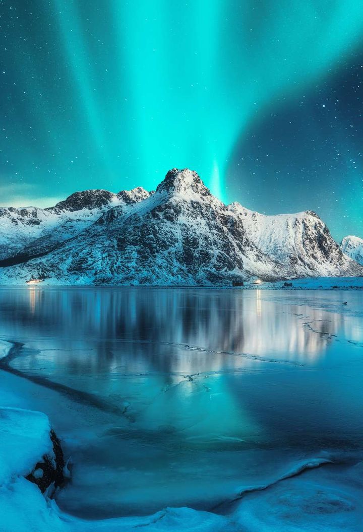 norway lofoten islands aurora mountain reflection istk