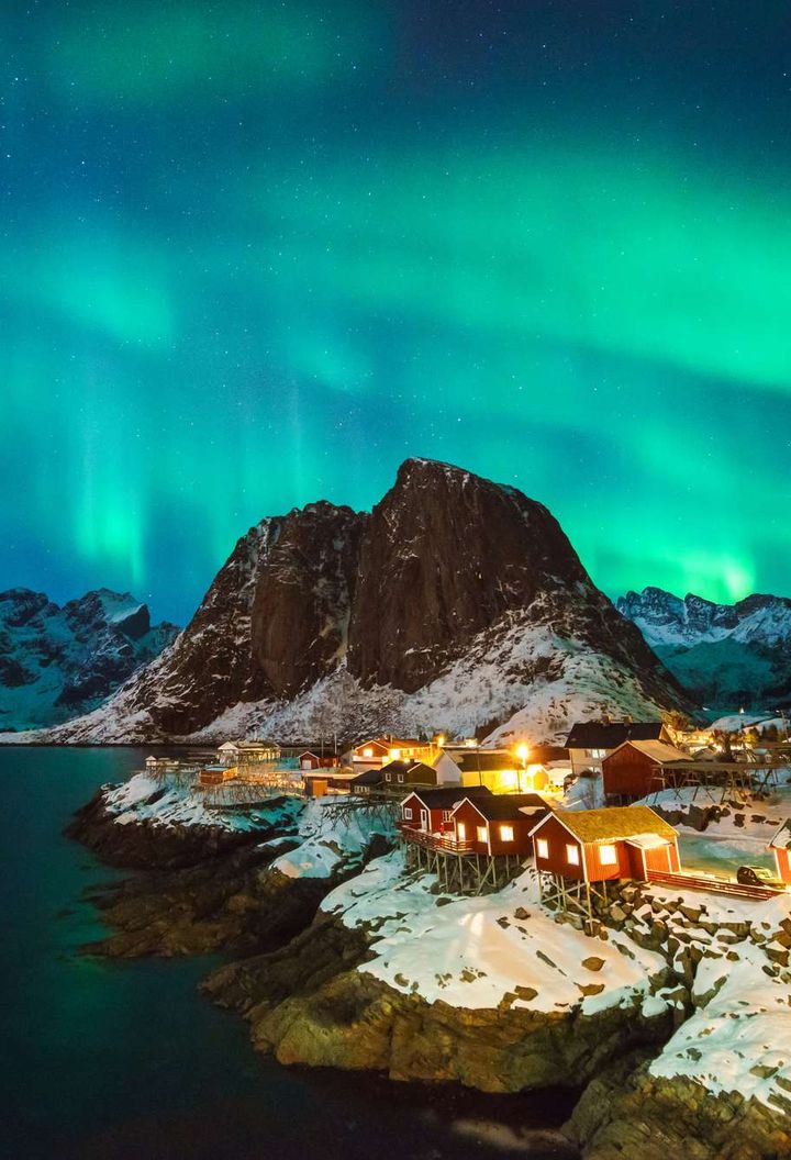 norway lofoten islands reine aurora over mountains istk