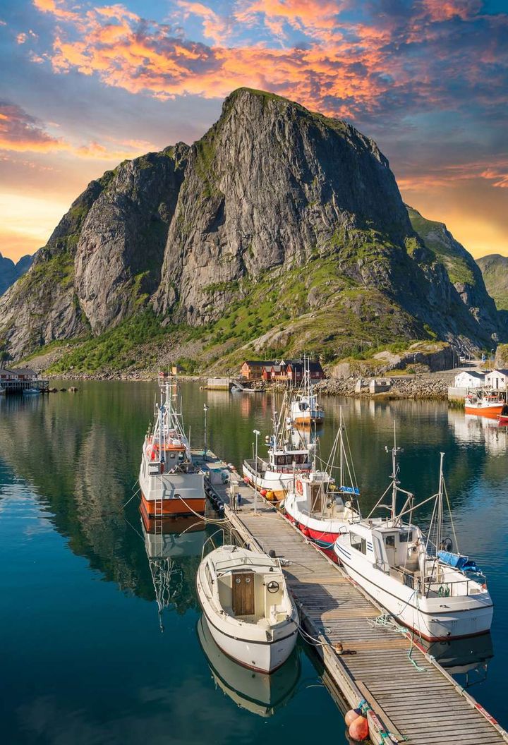 norway lofoten reine boats moored at jetty istk